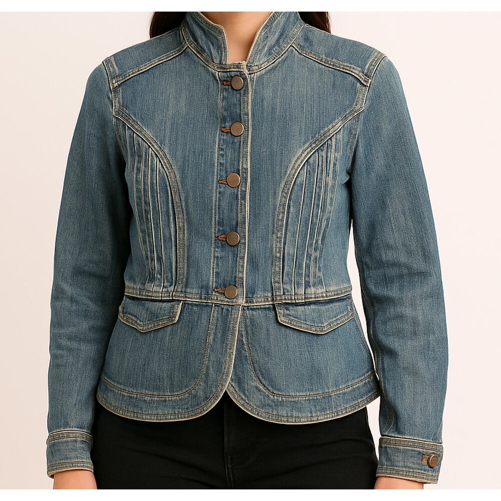 J Jill Denim Jacket Women's Medium Blue Jean Pleated BOHO Cottagecore Cotton